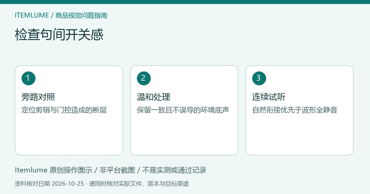 商品视频交付检查示意:旁路对照、温和处理、连续试听