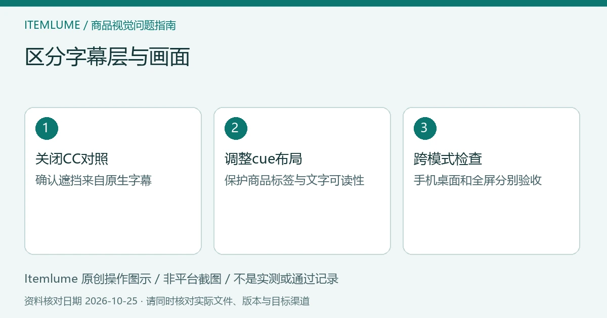 商品视频交付检查示意:关闭CC对照、调整cue布局、跨模式检查