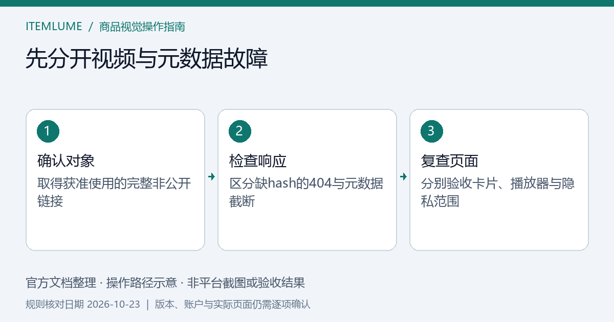 视频可播放、oEmbed状态和元数据字段分别列为三条检查路径